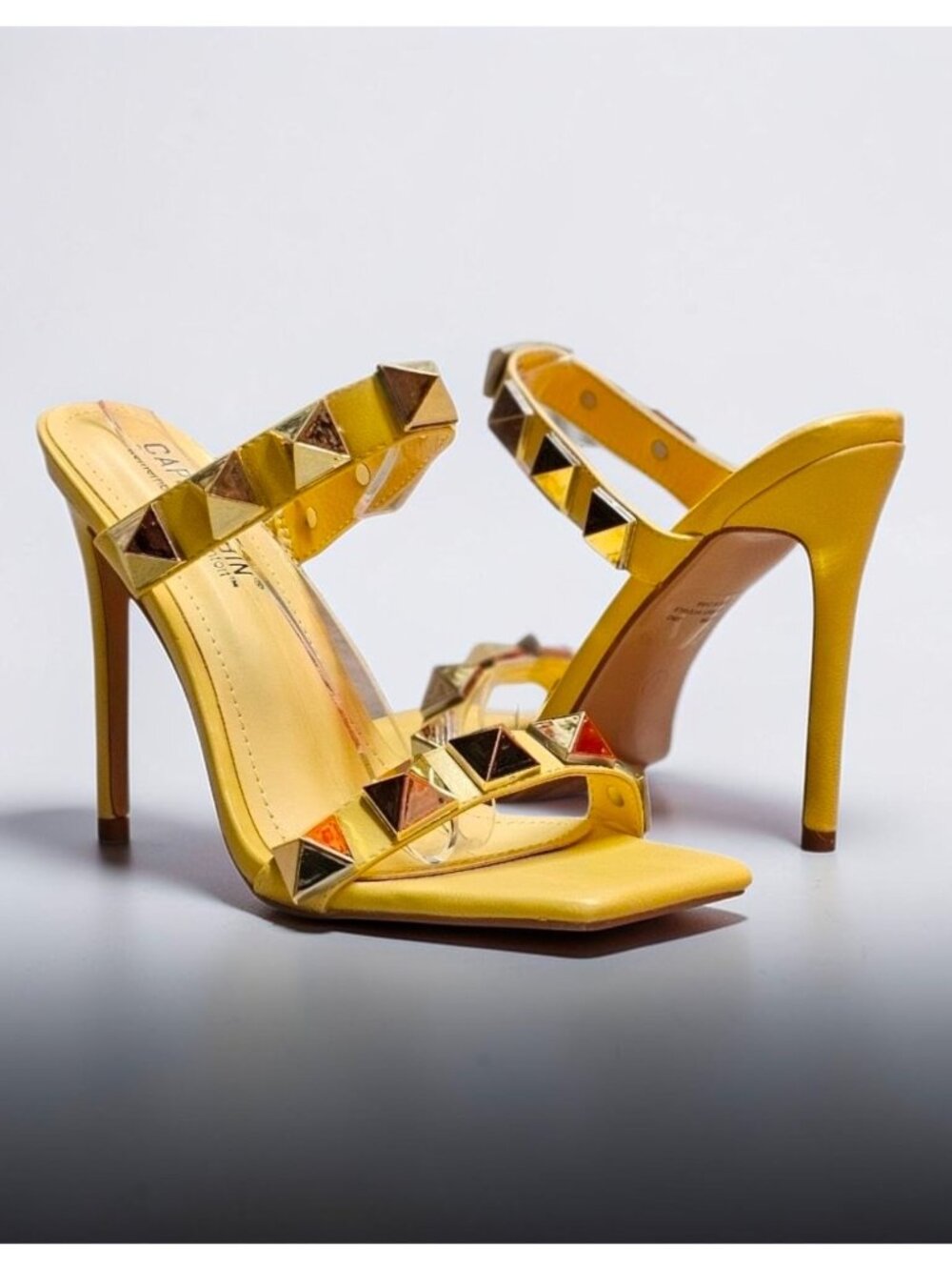 Yellow Studded High Heel Sandals With Straps & Square Toe Design For Women - Picture 2 of 15